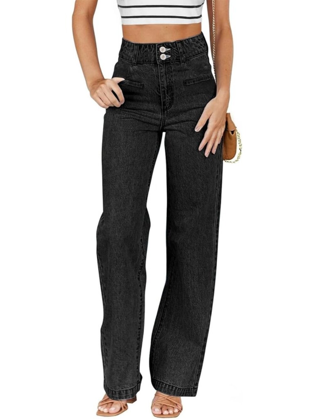 Women's Black High Waisted Dual Button Closure Full Length Leg Jeans with Pocket